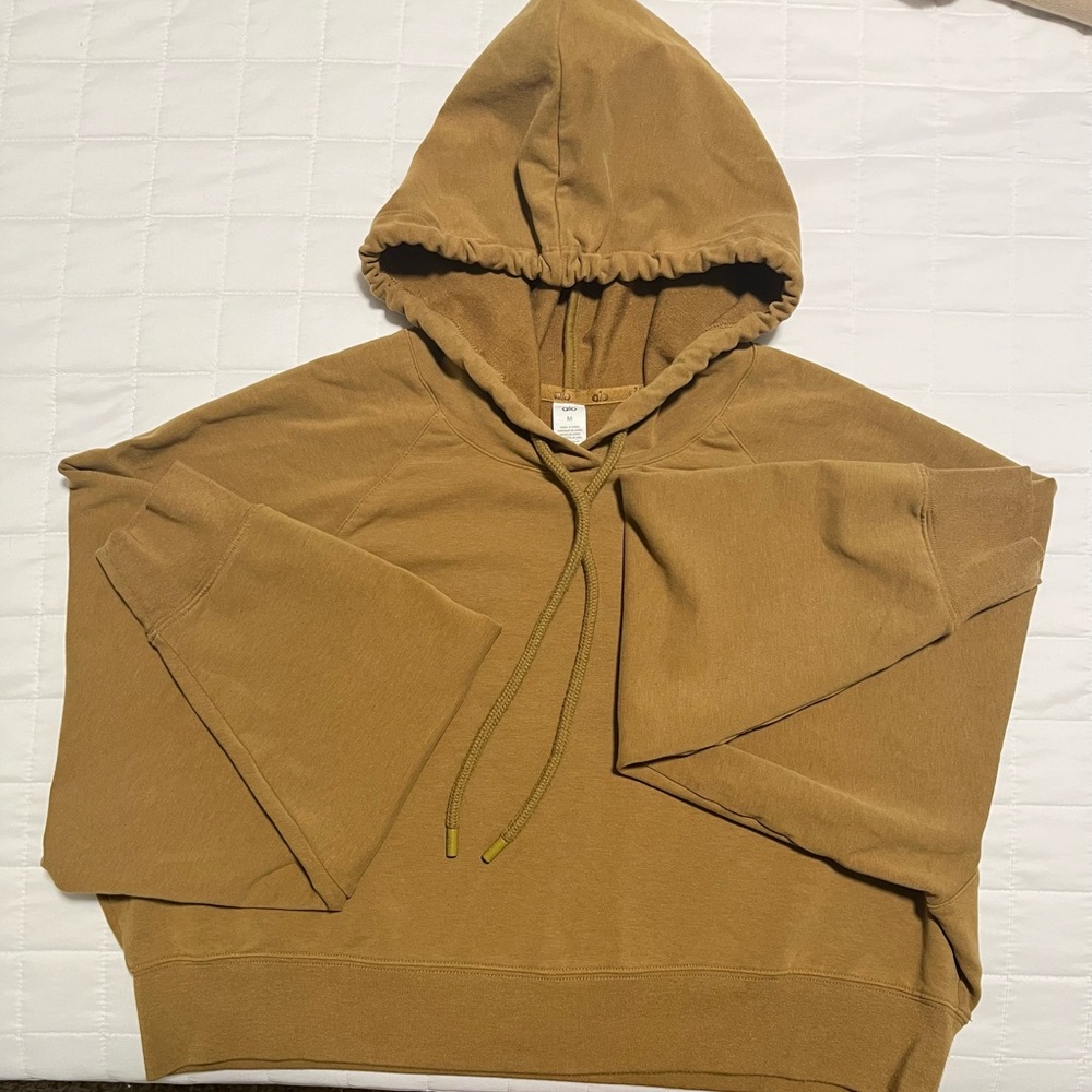 Alo Women’s Double Hooded Take Cropped Pullover Sweater, Golden Olive/Mustard